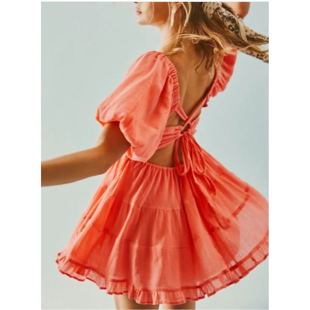 Free People Perfect Day Mini Dress Size XS Coral Puff Sleeve Smocked Boho Beach